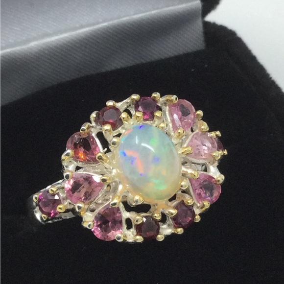 Genuine , Natural Fiery Opal & Pink Tourmalines Ring - Picture 5 of 14